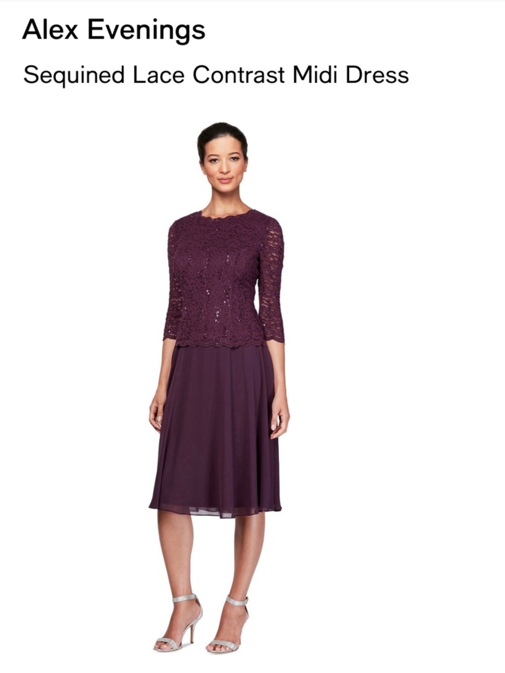 Alex Evenings Plum Sequined Lace Contrast Midi Dress